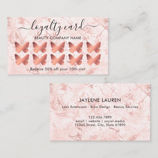 Roos Gold Marble Butterfly Loyalty Kaart Visitekaartje (Voorkant / Achterkant)