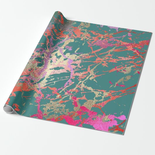Roos Gold Marble Coral Blauwgroen, roze Abstract Cadeaupapier (Uitgerold)