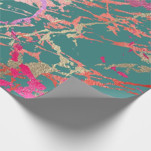 Roos Gold Marble Coral Blauwgroen, roze Abstract Cadeaupapier (Hoek)