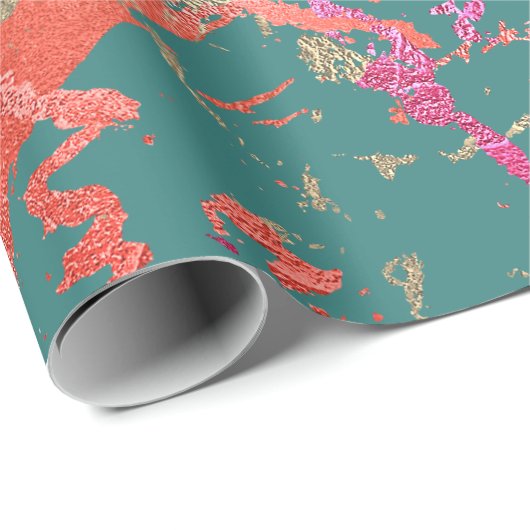 Roos Gold Marble Coral Blauwgroen, roze Abstract Cadeaupapier (Rol Hoek)
