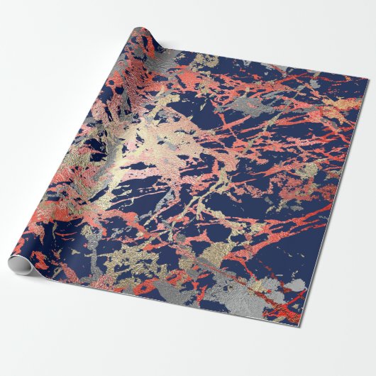Roos Gold Marble Coral Navy Copper Abstract Cadeaupapier (Uitgerold)