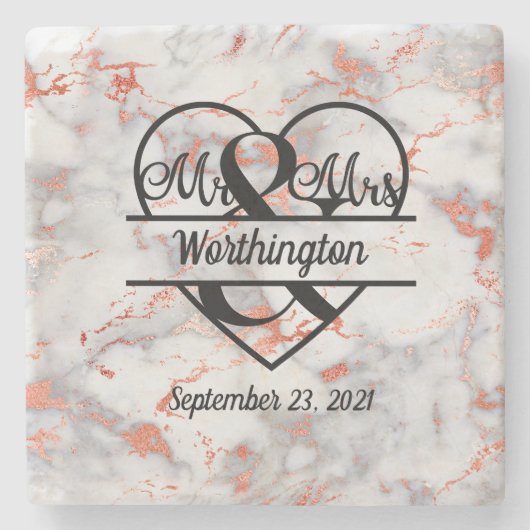 Roos Gold Marble en Mrs Heart Wedding Gift Stenen Onderzetter (Voorkant)