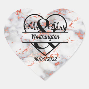 Roos Gold Marble en Mrs Heart Wedding Hart Sticker