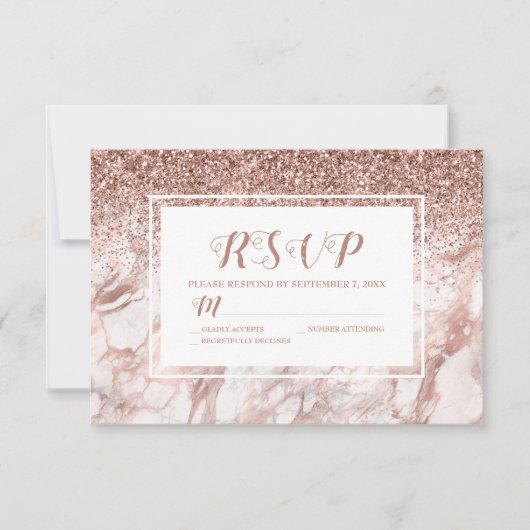 Roos Gold Marble Faux Glitter Script RSVP Kaartje (Voorkant)