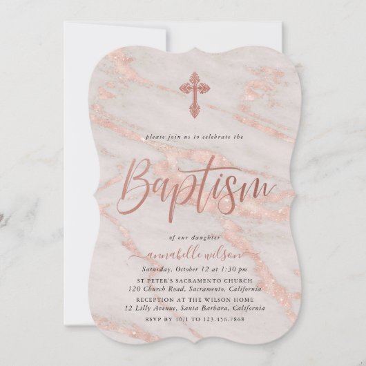 Roos Gold Marble Girl Baptism Uitnodiging (Voorkant)