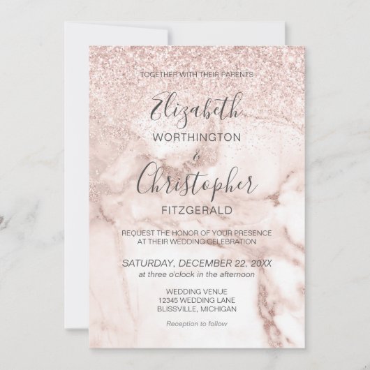 Roos Gold Marble Glitter Elegant Wedding Kaart (Voorkant)
