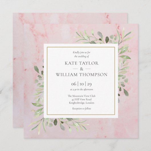 Roos Gold Marble Greenery Weddenschap Kaart (Voorkant / Achterkant)