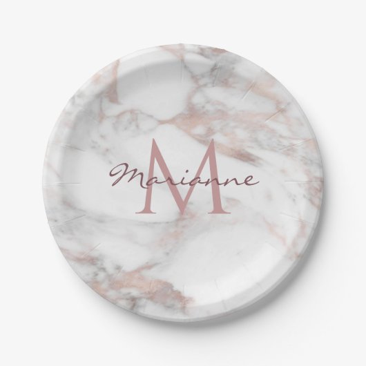 Roos Gold Marble-monogram Sjabloon personaliseren Papieren Bordje (Voorkant)