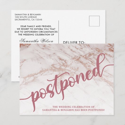 Roos Gold Marble Postponed Wedding Announding Briefkaart (Voorkant / Achterkant)