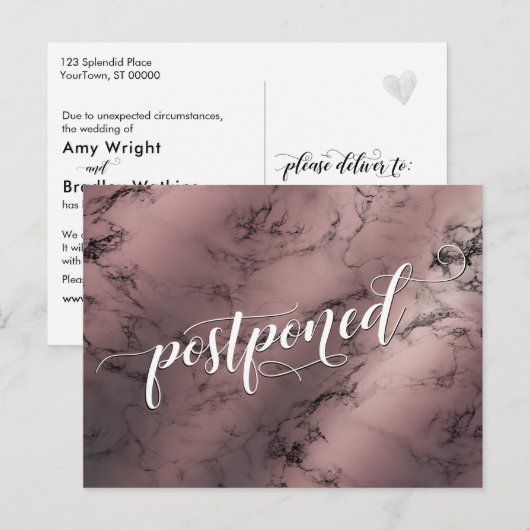 Roos Gold Marble Postponed Wedding Announding Briefkaart (Voorkant / Achterkant)