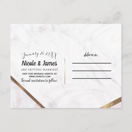 Roos Gold Marble Swirl & Blush Pink Bewaar de datu Aankondigingskaart (Achterkant)