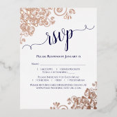 Roos Gold & marine op witte bruinbruidende RSVP Folie Uitnodiging Briefkaart (Voorkant)