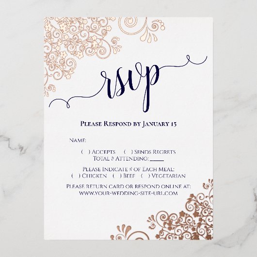 Roos Gold & marine op witte bruinbruidende RSVP Folie Uitnodiging Briefkaart (Voorkant)