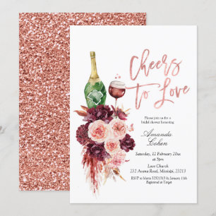 Roos Gold Marsala Floral Cheers to Love Invitation Kaart