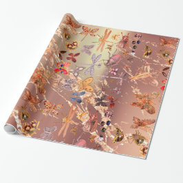 Roos Gold Meadow Butterfly snijdt Pareltjes Cadeaupapier