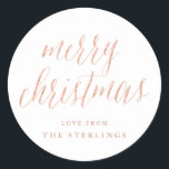 Roos Gold Merry Christmas Holiday Sticker<br><div class="desc">Eenvoudig roos gouden "vrolijke kerst" script vakantie stickers,  gepersonaliseerd met uw familienaam. De scriptkalligrafie is in een rozen gouden glitter effect (een gedrukt effect,  niet echte glitter).</div>
