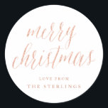 Roos Gold Merry Christmas Holiday Sticker<br><div class="desc">Eenvoudig roos gouden "vrolijke kerst" script vakantie stickers,  gepersonaliseerd met uw familienaam. De scriptkalligrafie is in een rozen gouden glitter effect (een gedrukt effect,  niet echte glitter).</div>