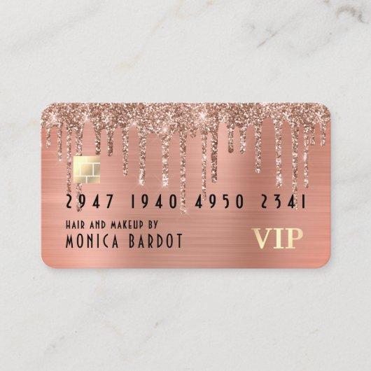 Roos Gold Metal en Glitter Drip Faux-creditcard Visitekaartje (Voorkant)