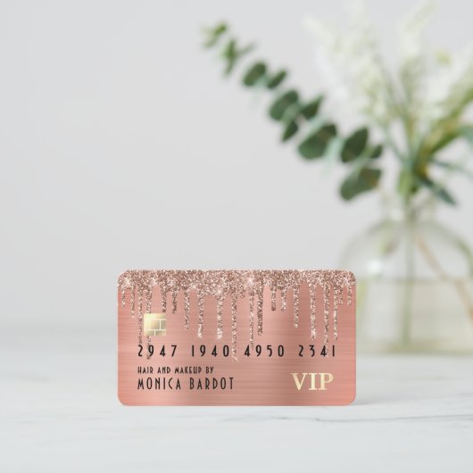 Roos Gold Metal en Glitter Drip Faux-creditcard Visitekaartje (Staand voorkant)
