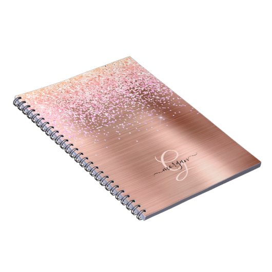 Roos Gold Metal, Glitter, Script Name & Monogram Notitieboek (Rechterzijde)