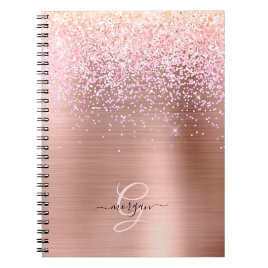 Roos Gold Metal, Glitter, Script Name & Monogram Notitieboek (Voorkant)
