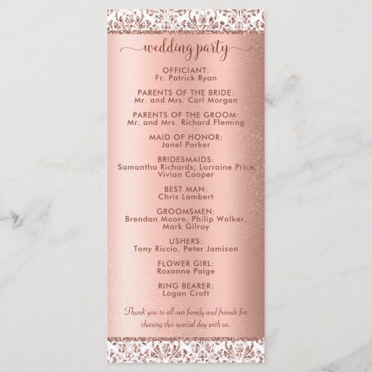 Roos Gold Metallic Damask Glam Wedding Programmakaart (Achterkant)
