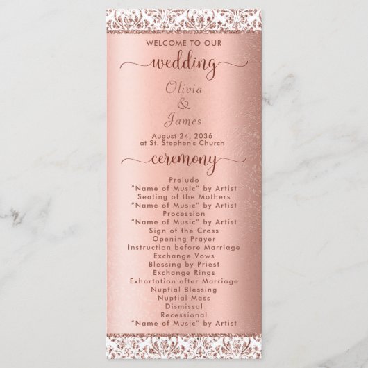 Roos Gold Metallic Damask Glam Wedding Programmakaart (Voorkant)