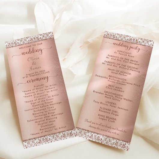 Roos Gold Metallic Damask Glam Wedding Programmakaart
