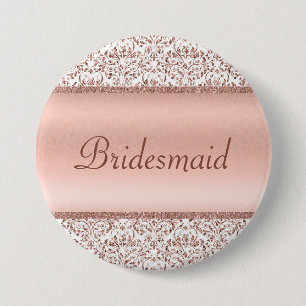 Roos Gold Metallic Damask Weddenschap Bridesmaid Ronde Button 7,6 Cm