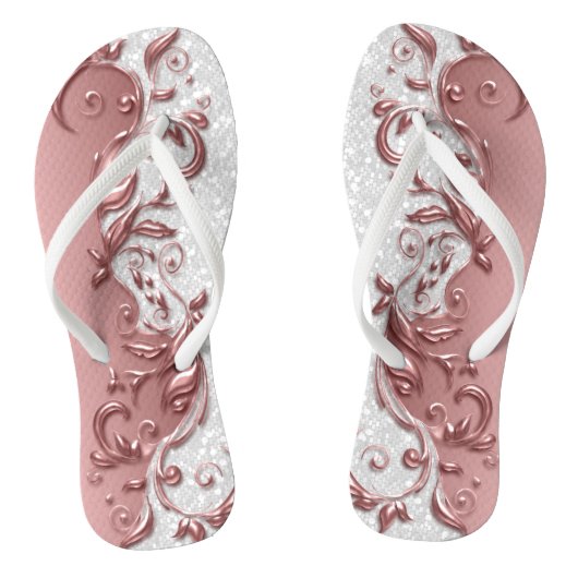 Roos Gold Metallic Floral & White Glitter Teenslippers (Voetbed)