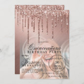 Roos Gold Metallic Glitter Druppels Foto Quinceañe Kaart (Voorkant / Achterkant)