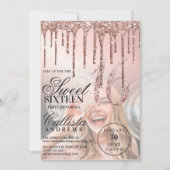Roos Gold Metallic Glitter Druppels Foto Sweet 16 Kaart (Voorkant)