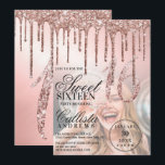 Roos Gold Metallic Glitter Druppels Foto Sweet 16 Kaart<br><div class="desc">Deze girly en glamoureuze foto zoete zestien verjaardagsfeestje uitnodiging is perfect voor een stijlvolle en trendy girly meisje. Het beschikt over faux gedrukte sprankelende rozen gouden glitter druppels op de top van een lichtroze rozen gouden geborstelde metalen ombre gradiënt en afbeeldingen achtergrond. De typografie is een elegant cursief schrift met...</div>