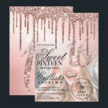 Roos Gold Metallic Glitter Druppels Foto Sweet 16 Kaart<br><div class="desc">Deze girly en glamoureuze foto zoete zestien verjaardagsfeestje uitnodiging is perfect voor een stijlvolle en trendy girly meisje. Het beschikt over faux gedrukte sprankelende rozen gouden glitter druppels op de top van een lichtroze rozen gouden geborstelde metalen ombre gradiënt en afbeeldingen achtergrond. De typografie is een elegant cursief schrift met...</div>