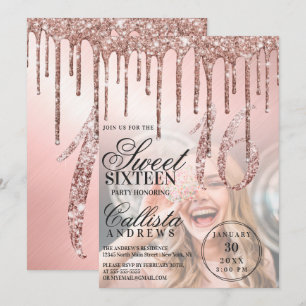 Roos Gold Metallic Glitter Druppels Foto Sweet 16 Kaart