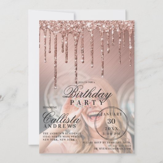 Roos Gold Metallic Glitter Druppels Foto Verjaarda Kaart (Voorkant)