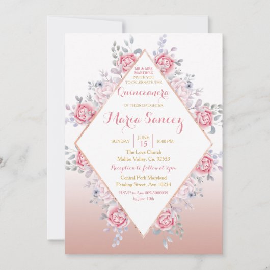 Roos Gold Mexican Mis Quince Invitation Kaart (Voorkant)
