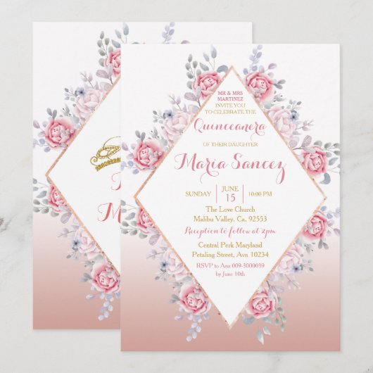 Roos Gold Mexican Mis Quince Invitation Kaart (Voorkant / Achterkant)