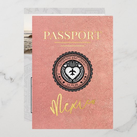 Roos Gold Mexico Passport Wedding Folie Uitnodiging (Voorkant / Achterkant)