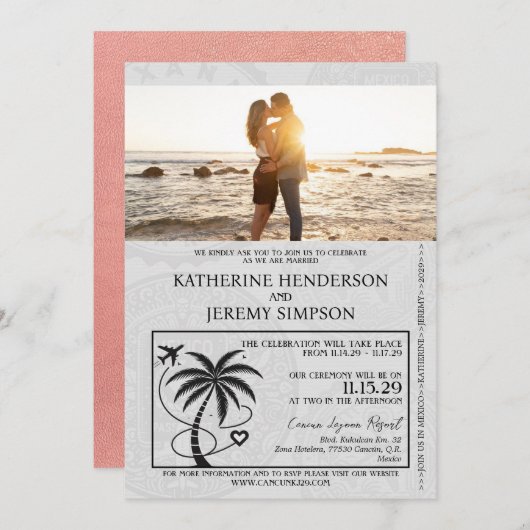 Roos Gold Mexico Passport Wedding Kaart (Voorkant / Achterkant)