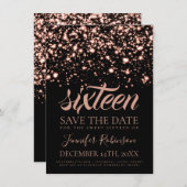 Roos Gold Midnight Glam Sweet 16 Birthday Party Save The Date (Voorkant / Achterkant)