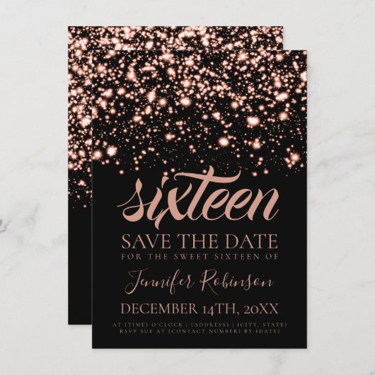 Roos Gold Midnight Glam Sweet 16 Birthday Party Save The Date (Voorkant / Achterkant)