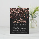 Roos Gold Midnight Glam Sweet 16 Birthday Party Save The Date (Staand voorkant)