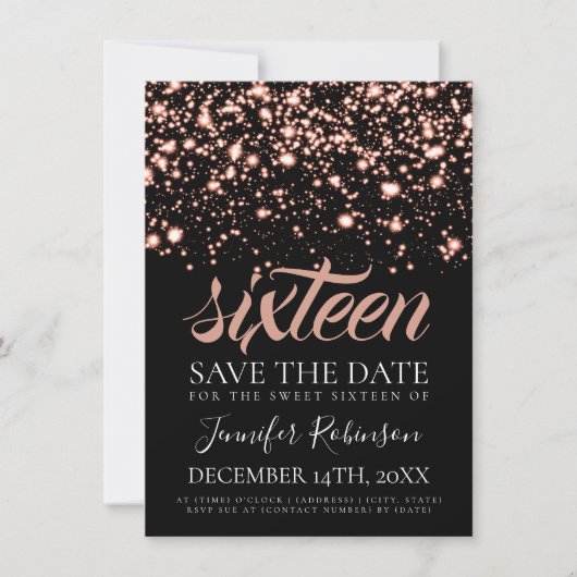 Roos Gold Midnight Glam Sweet 16 Birthday Party Save The Date (Voorkant)