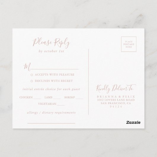 Roos Gold Minimalist Menu Keuze RSVP Briefkaart (Achterkant)
