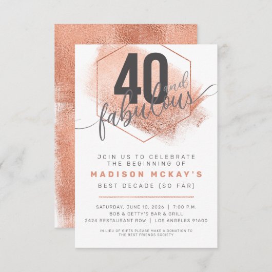 Roos Gold Minimalistisch 40e verjaardag uitnodigin Aankondiging (Voorkant / Achterkant)