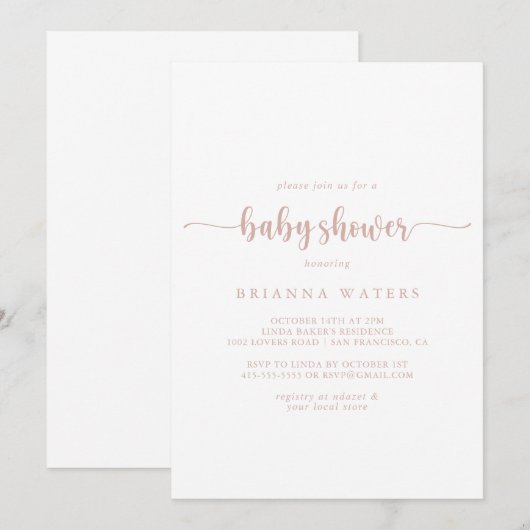 Roos Gold minimalistisch kalligrafie Baby shower Kaart (Voorkant / Achterkant)