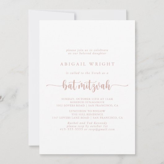 Roos Gold minimalistische kalligrafie Bat Mitzvah Kaart (Voorkant)