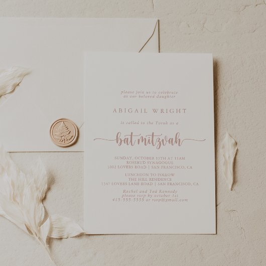 Roos Gold minimalistische kalligrafie Bat Mitzvah Kaart