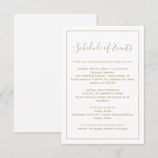 Roos Gold Minimalistische Wedding Schedule Kaart (Voorkant / Achterkant)